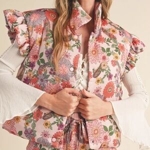 505. LAST 1! Pink Puffer Vest Women's Multicolor Floral Flower Button Sleeveless